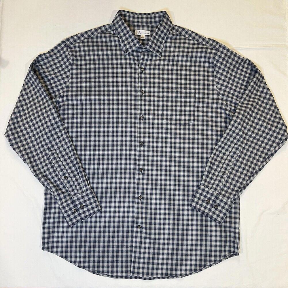 Peter Millar Men’s Large Blue Gray Gingham Check Button‎ Down Long Sleeve Cotton